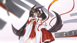  2girls :p animal_ear_fluff animal_ears azur_lane black_hair black_thighhighs brown_eyes detached_sleeves dress fox_ears fox_girl fox_tail hair_ornament highres holding_hands long_hair looking_back multiple_girls mutsu_(azur_lane) nagato_(azur_lane) red_dress red_skirt ryosuke1225 shirt short_hair skirt smile tail thigh-highs tongue tongue_out white_shirt white_sleeves 