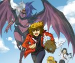  androgynous brown_hair cat cloud clouds duel_monster one_boob school_uniform short_hair sky slifer_red_uniform smile winged_kuriboh yu-gi-oh! yubel yuki_judai yuu-gi-ou yuu-gi-ou_gx yuuki_juudai 