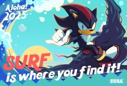  1boy 2025 \m/ black_fur copyright_notice doom_surf furry furry_male gloves hedgehog_boy looking_at_viewer manta_ray official_art sega shadow_the_hedgehog shoes short_tail smile sneakers solo sonic_(series) sonic_generations sonic_x_shadow_generations sun surfing tail waves white_gloves 