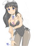  1girl awatake_takahiro between_breasts black_hair blue_eyes blush breasts bunny_ears bunny_girl bunnysuit cleavage fake_animal_ears hime_cut leaning_forward light_smile long_hair original pantyhose signature simple_background sketch smile solo standing thigh_gap ticket 