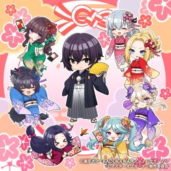  1boy 6+girls alpha_(kage_no_jitsuryokusha_ni_naritakute!) animal_ear_fluff animal_ears aqua_hair artist_request beta_(kage_no_jitsuryokusha_ni_naritakute!) black_eyes black_hair black_kimono blonde_hair blue_eyes blue_kimono brown_hair cat_ears cat_girl cat_tail chibi cid_kagenou closed_eyes commentary_request delta_(kage_no_jitsuryokusha_ni_naritakute!) epsilon_(kage_no_jitsuryokusha_ni_naritakute!) eta_(kage_no_jitsuryokusha_ni_naritakute!) flower gamma_(kage_no_jitsuryokusha_ni_naritakute!) green_kimono grey_hair hair_flower hair_ornament highres japanese_clothes kage_no_jitsuryokusha_ni_naritakute! kage_no_jitsuryokusha_ni_naritakute!_master_of_garden kimono long_hair looking_at_viewer medium_hair multiple_girls official_art one_eye_closed open_mouth pink_kimono ponytail purple_kimono red_kimono short_hair smile tail translation_request twintails very_long_hair violet_eyes wolf_ears wolf_girl wolf_tail yellow_kimono zeta_(kage_no_jitsuryokusha_ni_naritakute!) 