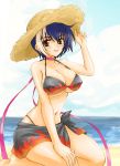  beach bikini blue_hair blush breasts brown_eyes choker cleavage flame_print gien hat highres kneeling koihime_musou large_breasts mali multicolored_hair navel sarong seiza shin_koihime_musou shiny shiny_skin short_hair sitting smile solo straw_hat swimsuit two-tone_hair two-toned_hair underboob water white_hair 