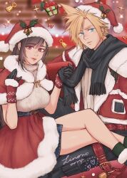  1boy 1girl bell black_hair black_scarf blonde_hair blue_eyes blue_skirt blurry blurry_background box breasts capelet christmas christmas_present closed_mouth cloud_strife cloud_strife_(holiday_outfit) commentary couple feet_out_of_frame final_fantasy final_fantasy_vii final_fantasy_vii_ever_crisis fur-trimmed_capelet fur-trimmed_gloves fur-trimmed_headwear fur-trimmed_jacket fur-trimmed_skirt fur_trim gift gift_box gloves green_socks hair_ornament hat hat_ornament heart holding holding_scarf holding_unworn_clothes holly_hat_ornament jacket large_breasts legs light_smile linono long_hair looking_at_viewer low-tied_long_hair matching_outfits miniskirt official_alternate_costume pants pom_pom_(clothes) pom_pom_hair_ornament red_capelet red_eyes red_hat red_jacket red_skirt santa_costume santa_hat scarf short_hair sitting skirt sleeveless sleeveless_turtleneck socks sparkle spiky_hair sweater symbol-only_commentary tifa_lockhart tifa_lockhart_(fairy_of_the_holy_flame) turtleneck turtleneck_sweater twitter_username white_sweater 