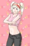  hairband highres jeans midriff monster_hunter monster_hunter_3 navel oshiyan shirt_lift silver_hair smile twintails unbuttoned undressing 