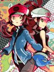  baseball_cap belt brown_hair denim denim_shorts hat jacket multicolored_eyes pokemon pokemon_(game) pokemon_black_and_white pokemon_bw ponytail santou_suihei shorts smile touko_(pokemon) touya_(pokemon) vest 