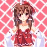  :&lt; adapted_costume alternate_costume alternate_hairstyle annoyed bare_shoulders blush bow brown_hair bust collarbone crop_top detached_sleeves frown hair_bow hakurei_reimu hands_on_hips ina_(artist) miko open_mouth red_eyes short_hair solo touhou 