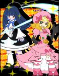  blonde_hair blue_hair bow brown_eyes dress elbow_gloves engrish frederica_bernkastel frown furikake gloves grin hair_bow hair_ornament i_hate_the_buttmunch_that_draws_these lambdadelta long_hair multiple_girls panty_&amp;_stocking_with_garterbelt parody ranguage red_eyes scythe smile sparkle style_parody suihei_liebe umineko_no_naku_koro_ni 