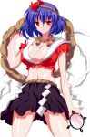  absurdres adapted_costume alternate_costume breasts choker cleavage frown hairband highres large_breasts leaf midriff mirror navel oyu_no_kaori purple_hair red_eyes short_hair simple_background skirt solo touhou transparent_background yasaka_kanako 