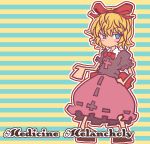  1girl artist_request blonde_hair blue_eyes bow bubble_skirt character_name dress hair_bow medicine_melancholy pathos9 solo striped striped_background touhou 