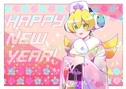  1girl blonde_hair border cinnamon_(mega_man) green_eyes happy_new_year japanese_clothes kimono long_hair mega_man_(series) mega_man_x:_command_mission mega_man_x_(series) pink_background pink_kimono rikka_(user_hruv2435) solo twitter_username upper_body white_border 