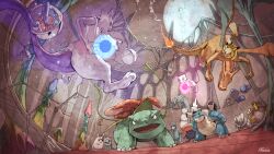 arbok blastoise chair fighting floating full_moon funeumi golduck gyarados highres meowth mew mew_(pokemon) mewtwo moon no_humans open_mouth pidgeot pikachu pokemon pokemon:_the_first_movie_-_mewtwo_strikes_back pokemon_(anime) pokemon_(classic_anime) pokemon_(creature) rhyhorn sandslash signature squirtle umbrakinesis vaporeon venusaur vileplume weezing wigglytuff