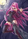  bare_shoulders blindfold boots chain chains detached_sleeves dress facial_mark fate/stay_night fate_(series) forehead_mark full_moon long_hair moon purple_hair rider short_dress solo strapless strapless_dress thigh-highs thigh_boots thighhighs very_long_hair xenozex zettai_ryouiki 