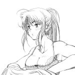  armpits bad_id bra breasts kaku_(artist) lace large_breasts lineart lingerie long_hair monochrome original ponytail solo underwear undressing 