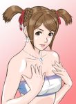  bare_shoulders brown_eyes brown_hair double_bun earrings hand_to_chest hands_on_own_chest jewelry monster_hunter necklace oshiyan tubetop twintails 
