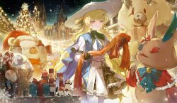  1girl absurdres black_gloves blonde_hair blunt_bangs cross_hair_ornament darkavey gloves hair_ornament hair_ribbon hat highres holding holding_scarf holding_unworn_clothes layered_sleeves long_hair long_sleeves night night_sky outdoors pantyhose phoebe_(wuthering_waves) ribbon scarf sky snowing standing violet_eyes white_hat white_pantyhose wuthering_waves 