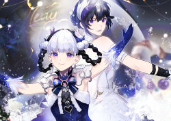  2girls absurdres ballerina bambinata_(pgr) bandaged_arm bandages black_bandages black_bow black_bowtie black_dress black_gloves black_hair blue_eyes blue_hair bow bowtie braid braided_hair_rings cino_(cappuccino) closed_mouth dress gloves hair_ornament hair_rings heart heart-shaped_pupils highres merry_christmas multicolored_hair multiple_girls parted_lips pom_pom_(clothes) pom_pom_hair_ornament punishing:_gray_raven selena_(pgr) sidelocks sleeveless sleeveless_dress streaked_hair symbol-shaped_pupils two-tone_hair white_hair white_pom_poms 