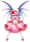  bat_wings blue_hair bow brooch daishi_takamura dress fire hat hat_ribbon highres jewelry magic red_eyes remilia_scarlet ribbon short_hair simple_background smile solo touhou wings wrist_cuffs 