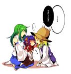  bad_id blonde_hair blue_hair blush child closed_eyes detached_sleeves green_hair hat highres hug kiguchiko kochiya_sanae moriya_suwako multiple_girls pantyhose sarashi seiza sitting tongue touhou white_legwear yasaka_kanako young 