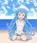  beach blue_eyes blue_hair dress highres ikamusume shinryaku!_ikamusume sitting solo white_dress yuzuhara902 