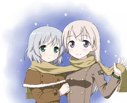  blonde_hair blue_eyes coat eila_ilmatar_juutilainen green_eyes kinniku_tarou long_hair multiple_girls sanya_v_litvyak scarf shared_scarf short_hair silver_hair smile snow strike_witches 