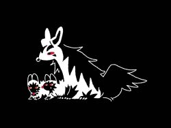  00tamakichi all_fours black_background black_eyes black_fur claws colored_sclera commentary ears_up facial_mark highres hyena looking_ahead looking_to_the_side mightyena no_humans pokemon pokemon_(creature) pokemon_rse poochyena red_eyes red_sclera sideways_glance simple_background sitting spot_color symbol-only_commentary tail yellow_sclera 