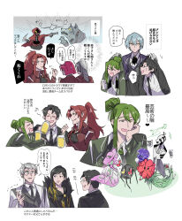 3boys 4girls alriune angela_(project_moon) big_and_will_be_bad_wolf binah_(project_moon) black_eyes black_hair black_necktie cape child_of_the_galaxy collared_shirt folded_ponytail fragment_of_the_universe gloves green_eyes green_hair grey_hair highres hokma_(project_moon) ko_bammm librarian_(project_moon) library_of_ruina little_red_riding_hooded_mercenary long_hair monocle multiple_boys multiple_girls music necktie netzach_(project_moon) nugget_(project_moon) open_mouth porccubus project_moon red_cape roland_(project_moon) shirt simple_background smile speech_bubble the_silent_orchestra translation_request white_background white_gloves white_shirt yellow_eyes 