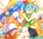  bird blue_hair bow chick closed_eyes eyes_closed hand_holding hatsune_miku hiyoyogi holding_hands kaito lying mouth_hold navel scarf skirt spring_onion straddle vocaloid 