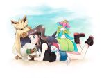  baseball_cap blue_eyes brown_hair denim denim_shorts doredia erufuun hat inusaki lilligant lying mijumaru muurando on_back oshawott pokemon pokemon_(game) pokemon_black_and_white pokemon_bw ponytail shiny_pokemon shorts stoutland touko_(pokemon) whimsicott 