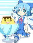  1girl artist_request blue_eyes blue_hair bowl cirno eating food puddi pudding ribbon short_hair solo spoon touhou wings 