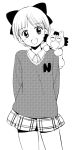  :d face hair_bow hamao hime-chan_no_ribbon monochrome nonohara_himeko open_mouth pokota school_uniform short_hair skirt smile sweater 