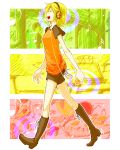  blonde_hair boots closed_eyes eyes_closed headphones highres kagamine_rin musical_note open_mouth rioko short_hair shorts singing smile solo vocaloid walking 