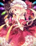  blonde_hair bow bowtie domotolain fang flandre_scarlet glowing hat petticoat pointing pointy_ears red_eyes ribbon short_hair side_ponytail smile solo the_embodiment_of_scarlet_devil touhou wings wink wrist_ribbon 