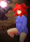 alternate_costume boots bottomless breasts hair_bobbles hair_ornament highres lens_flare no_pants onozuka_komachi red_eyes red_hair redhead smile solo sweater touhou yakumo_tori 