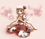  :o ascot bad_id blonde_hair flandre_scarlet food hat icanfry nikuman no_socks red_eyes side_ponytail sitting solo star stuffed_animal stuffed_toy tepes touhou wariza wings 