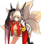  bent_over blonde_hair breasts cleavage elbow_gloves fox_ears fox_tail inari large_breasts long_hair multiple_tails orange_eyes original pupps skirt smile solo tail 