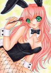  animal_ears bunny_ears bunnysuit dart fishnet_pantyhose fishnets green_eyes highres long_hair mocomoco_party original pantyhose pink_hair solo traditional_media 