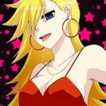  bare_shoulders blonde_hair blue_eyes breasts bust cleavage dress earrings fang hair_over_one_eye jewelry long_hair necklace nnyara nyara_nico pale_skin panty_&amp;_stocking_with_garterbelt panty_(character) panty_(psg) solo spaghetti_strap star tongue 