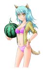  1girl animal_ears bikini blue_hair bracelet copyright_request dog_ears dog_tail fictional_persona food front-tie_top fruit holding holding_fruit hoodie jewelry long_hair open_hoodie parka self-portrait sleeves_rolled_up solo striped striped_bikini striped_swimsuit swimsuit tail watermelon yellow_eyes 