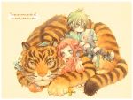  bird blue_eyes blush green_hair harukage jingle_bell original red_hair redhead tiger 