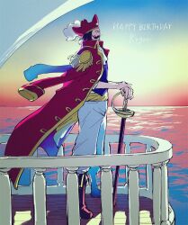  1boy abunaideka black_hair boots character_name coat coat_on_shoulders commentary_request epaulettes facial_hair gol_d._roger happy_birthday hat highres looking_ahead male_focus mustache one_piece pants pirate_hat profile red_coat sash solo sword weapon white_pants yellow_sash 