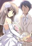  bad_id black_eyes blush boquet bouquet bridal_veil bride brown_hair dress eeeeee elbow_gloves flower gloves groom highres long_hair necktie original rose smile solo tears veil wedding_dress wedding_veil white_rose 