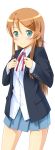  aqua_eyes blazer blush brown_hair cosplay dress_shirt hair_ornament hairclip highres k-on! komeimax kousaka_kirino long_hair nakano_azusa nakano_azusa_(cosplay) orange_hair ore_no_imouto_ga_konna_ni_kawaii_wake_ga_nai pleated_skirt ribbon school_uniform seiyuu_connection shirt skirt smile solo taketatsu_ayana 