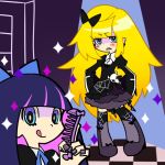 2girls alternate_costume alternate_hairstyle annoyed bad_id blonde_hair blue_eyes blush comb costume_switch dress frown gothic gothic_lolita hair_bow hand_on_hip highres hips lolita_fashion long_hair makeover multicolored_hair multiple_girls official_style panty_&amp;_stocking_with_garterbelt panty_(character) panty_(psg) pink_hair purple_hair siblings sisters smile sparkle stocking_(character) stocking_(psg) suzumiyu thighhighs tongue very_long_hair 