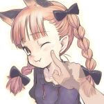  animal_ears braid cat_ears cheek_poke extra_ears fang hair_ribbon hands kaenbyou_rin nametake poke poking pov red_eyes red_hair ribbon solo touhou transparent twin_braids twintails wink 