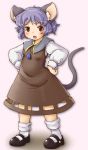  animal_ears capelet grey_hair hands_on_hips highres jewelry mary_janes mouse_ears mouse_tail nazrin pendant red_eyes setoguchi_kurage setouchi_kurage shoes solo tail touhou 