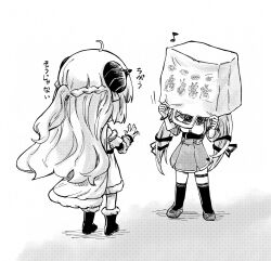  2girls ahoge akai_haato akai_haato_(1st_costume) bag bag_on_head boned_meat braid chibi detached_sleeves food highres hololive horns long_hair meat multiple_girls musical_note paper_bag sheep_horns shiranui_flare shirogane_noel skirt translation_request tsunomaki_watame tsunomaki_watame_(1st_costume) virtual_youtuber yohane 