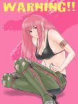  armband belt blue_eyes bra deviljho deviljho_(armor) highres lingerie long_hair monster_hunter monster_hunter_3 no_shirt oshiyan pants_pull pink_hair solo underwear undressing 