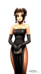  bare_shoulders bell bracelet braid brown_eyes brown_hair capcom choker chun-li double_bun dress elbow_gloves formal gloves hair_ornament highres jewelry lips omar_dogan pantyhose purse side_slit signature smile spiked_bracelet spiked_gloves spikes strapless street_fighter 