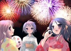  3girls :d aerial_fireworks asahina_mikuru blush brown_hair fireworks floral_print hand_fan ito_noizi japanese_clothes kimono long_hair long_sleeves looking_up multicolored_clothes multicolored_kimono multiple_girls nagato_yuki night novel_illustration official_art open_mouth paper_fan pink_kimono print_kimono second-party_source short_hair smile suzumiya_haruhi suzumiya_haruhi_no_yuuutsu uchiwa upper_body yellow_kimono yukata 