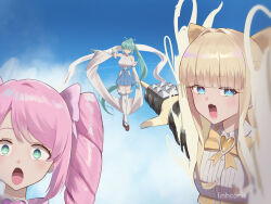  3girls absurdres alternate_costume animal_ear_hairband animal_ears aqua_eyes aqua_hair artist_name bare_shoulders blonde_hair blue_eyes blue_gloves blue_skirt blunt_bangs bow cat_ear_hairband cat_ears drill_hair fake_animal_ears floating gloves hairband half_gloves highres japanese_clothes kimono kimono_skirt linhcoris long_hair magia_azure magia_magenta magia_sulfur magical_girl mahou_shoujo_ni_akogarete meme multiple_girls okobo open_mouth pink_hair platform_footwear pleated_skirt pointing pointing_at_another ponytail ribbed_shirt sandals shirt skirt sky sleeve_garter sleeveless sleeveless_kimono spiked_gauntlets swept_bangs tabi thigh-highs two_soyjaks_pointing_(meme) very_long_hair very_long_sleeves white_kimono white_thighhighs yellow_bow 